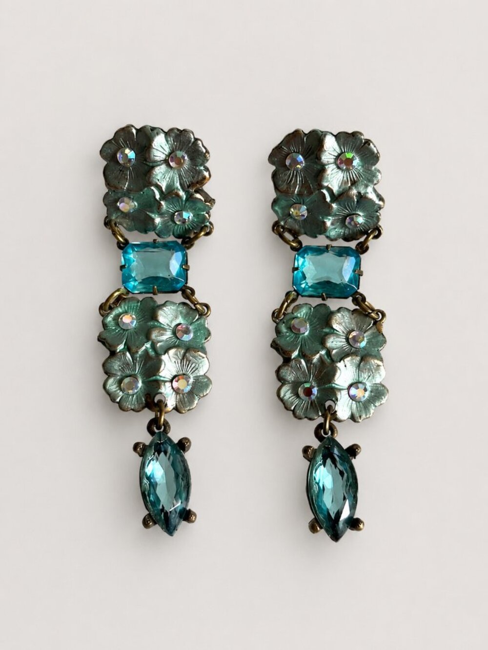Vintage Floral Statement Earrings Blue Crystal Dangle Romantic Boho Chic
